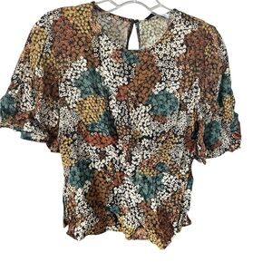 Pull&Bear Women's Floral Blouse Sz S Multicolor Flutter Sleeve BOHO Ruffles